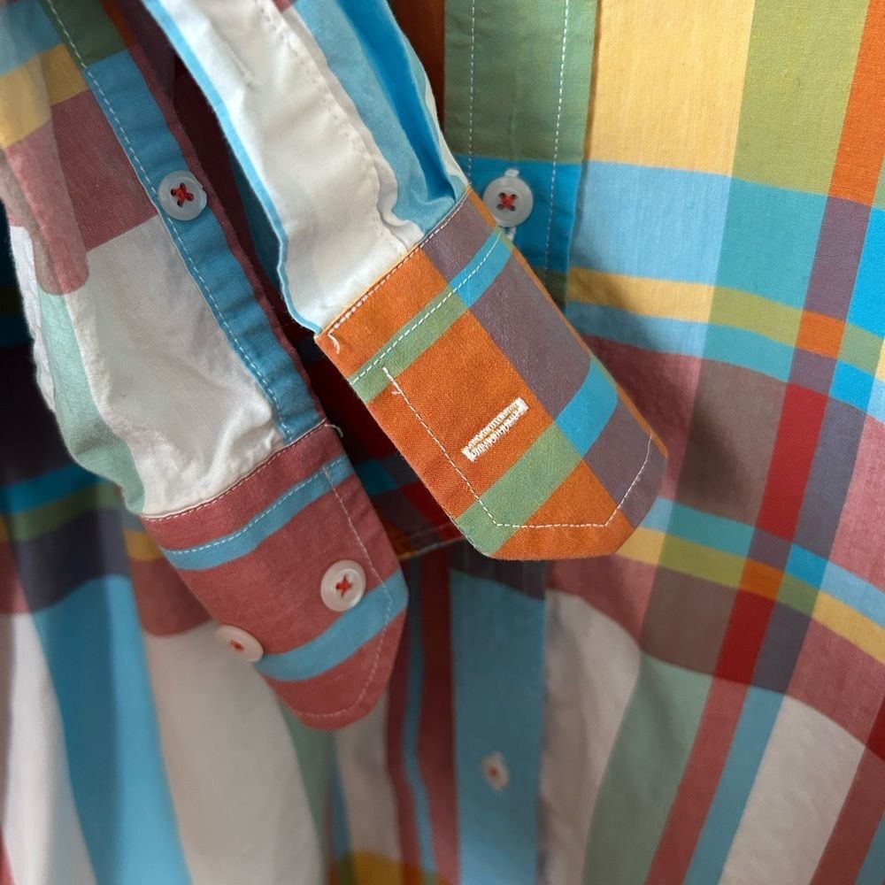 Colorful Cotton Poplin Madras Plaid Shirt Southern Pines Blue Pink Yellow Mens L - Picture 11 of 13